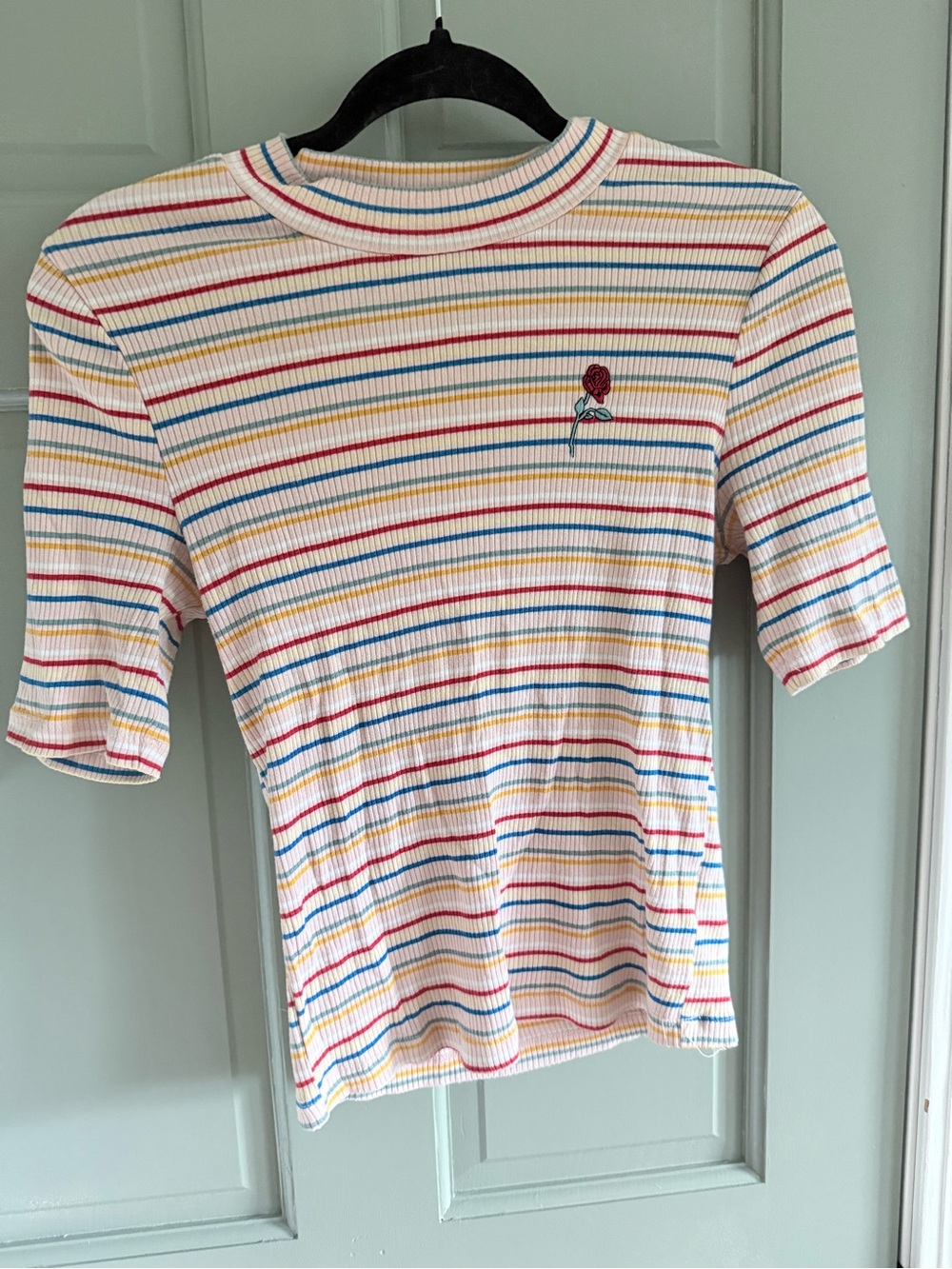 Urban Outfitters y2k rainbow Striped Short Sleeve Tee with embroidered Rose